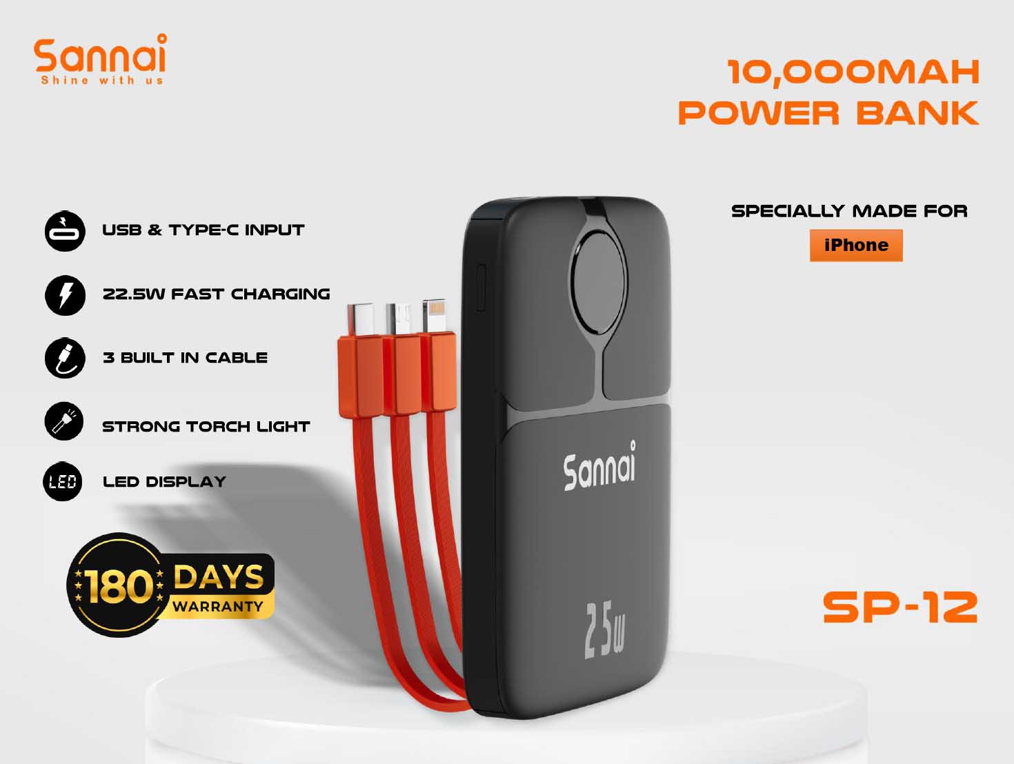 SANNAI SP-12 10000mAh Power Bank – 22.5W Fast Charging, Built-in 3-in-1 Cable, LED Torch, 180 Days Warranty