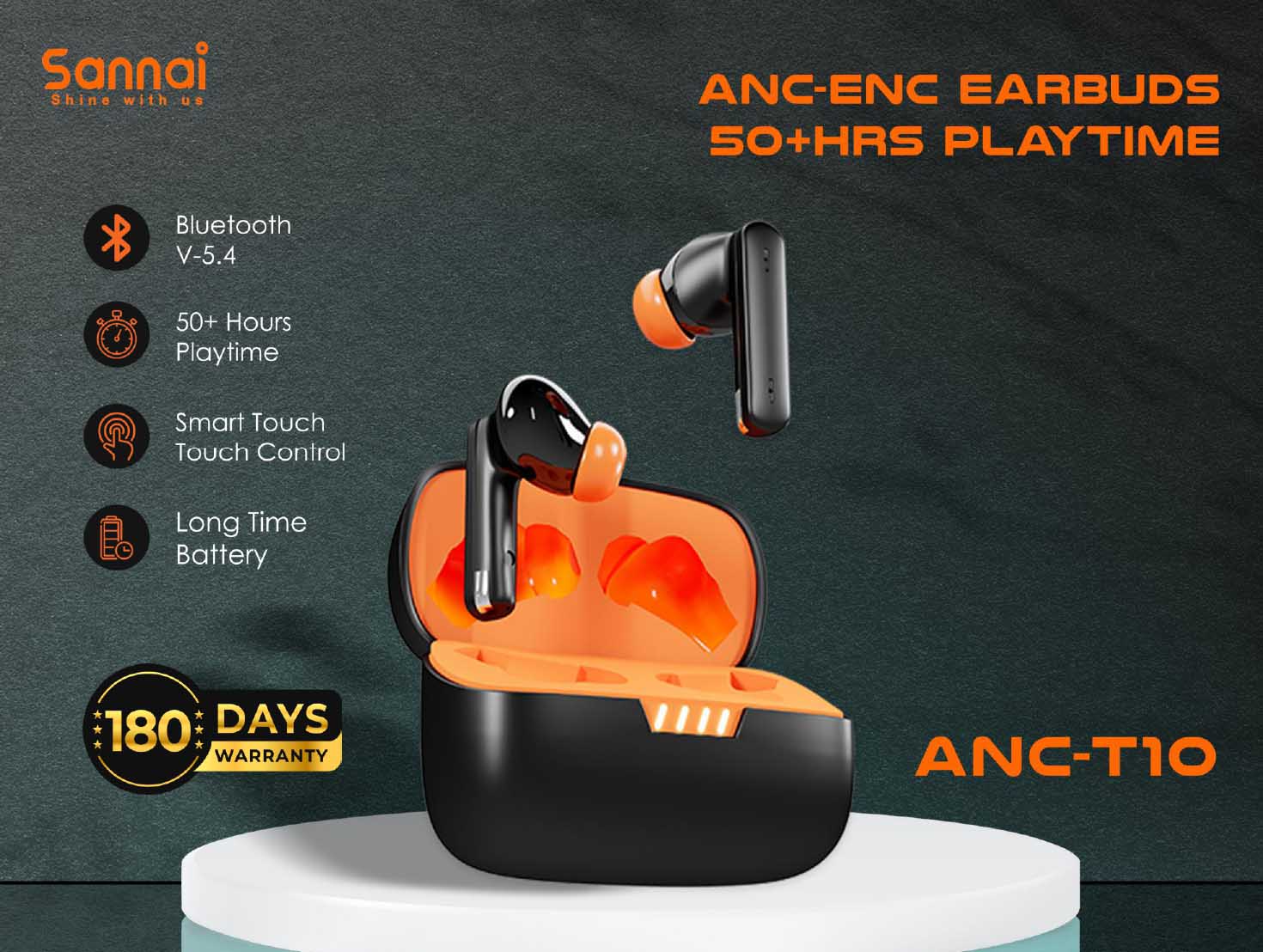 Sannai ANC T10 Noise Cancelling Earbuds – 30+ Hours Talk Time, 50+ Hours Playtime