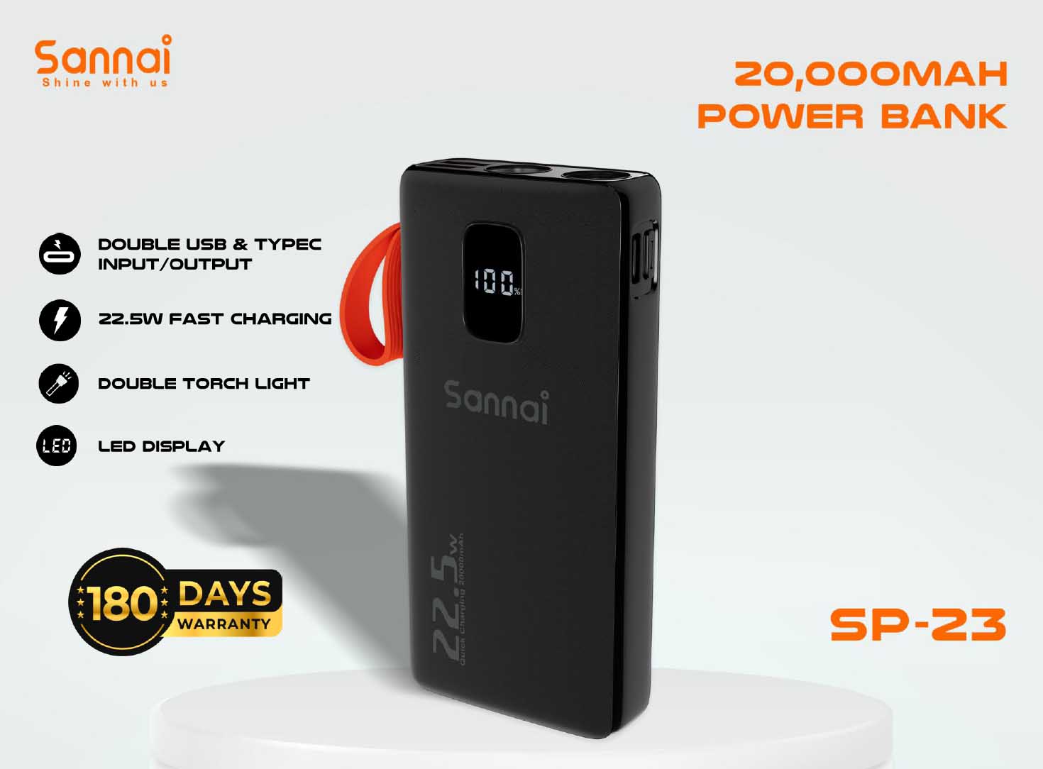 Sannai SP-23 20000mAh Power Bank – 22.5W Fast Charging, Dual LED Torch, Digital Display, 180 Days Warranty
