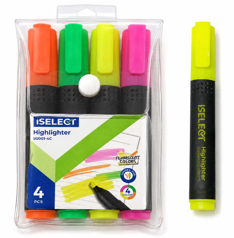Deli iSelect Highlighter 4 pcs– Bright Fluorescent Highlighter Pen for Study & Office